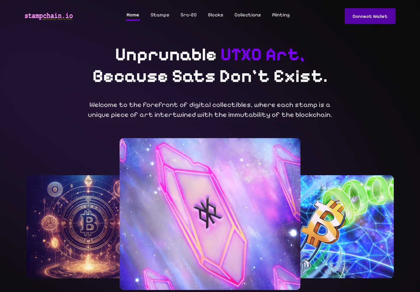 Stampchain homepage designed by Daniel Petrevski, with a featured stamp carousel on a dark purple background
