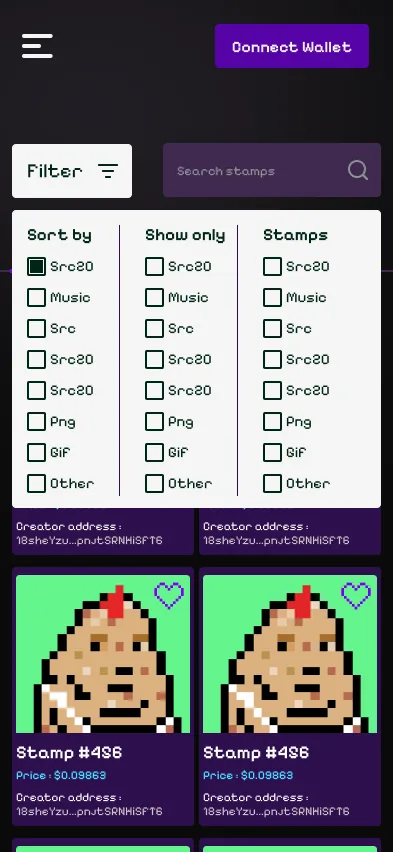 Stampchain explorer filters open on mobile