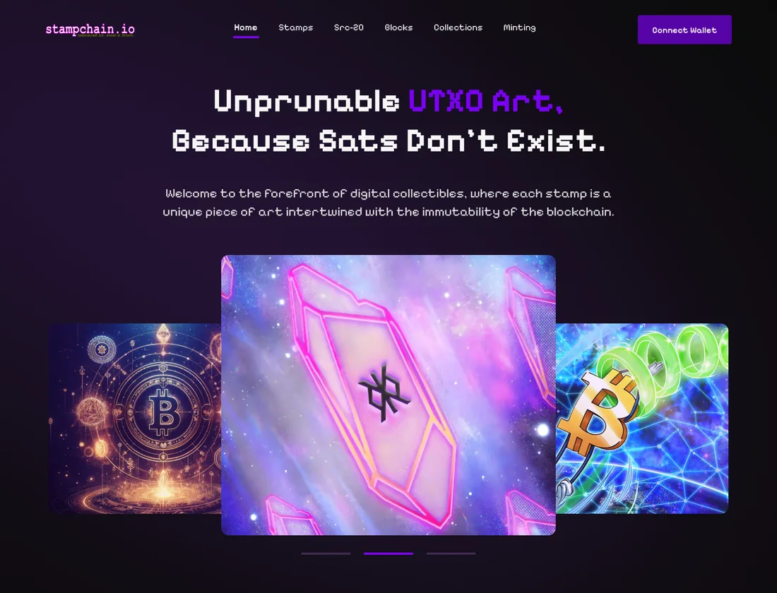 Daniel Petrevski's redesigned Stampchain homepage with a featured carousel