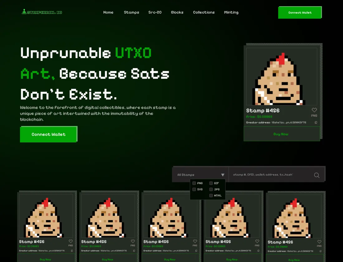 The Stampchain team's earlier homepage concept in green pixel style, with one grid of identical stamp cards