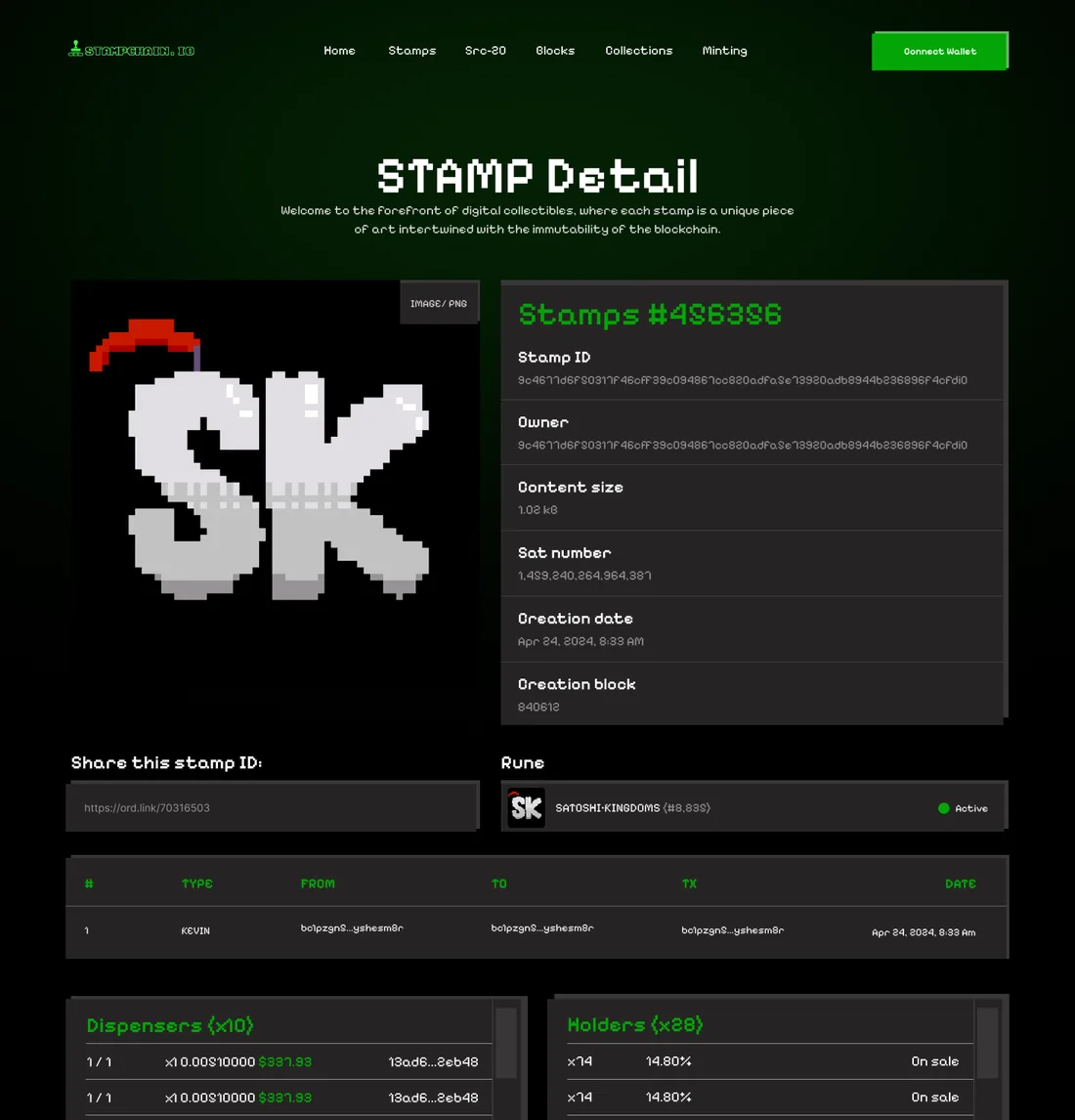 The Stampchain team's earlier stamp detail concept with tables stacked down the page