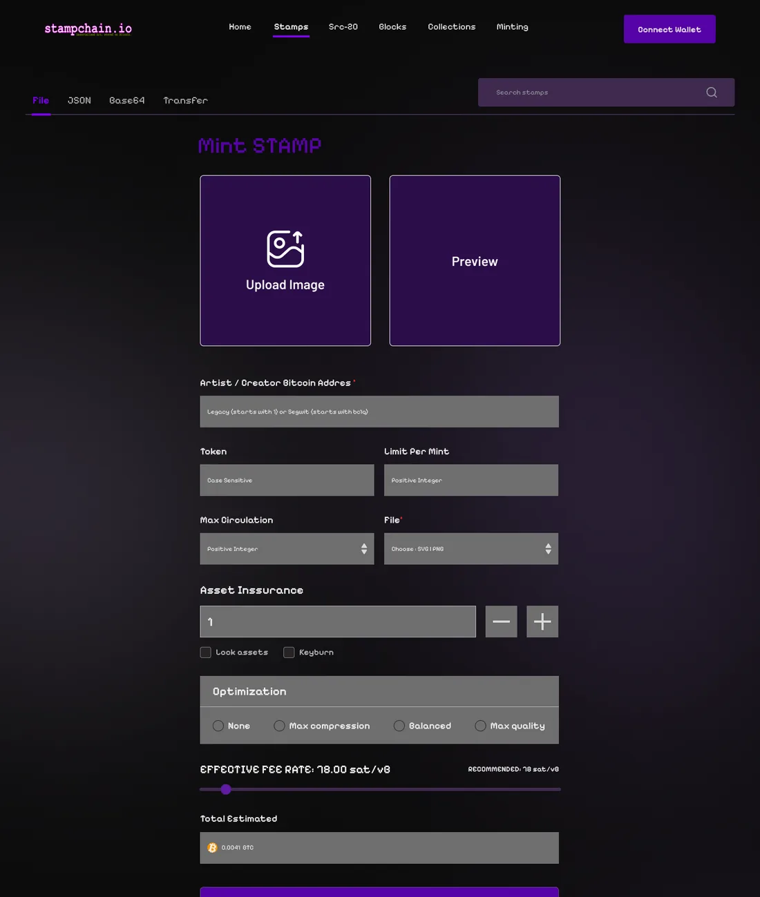 Stampchain stamping tool with upload and preview, token settings, a fee rate slider and the estimated total