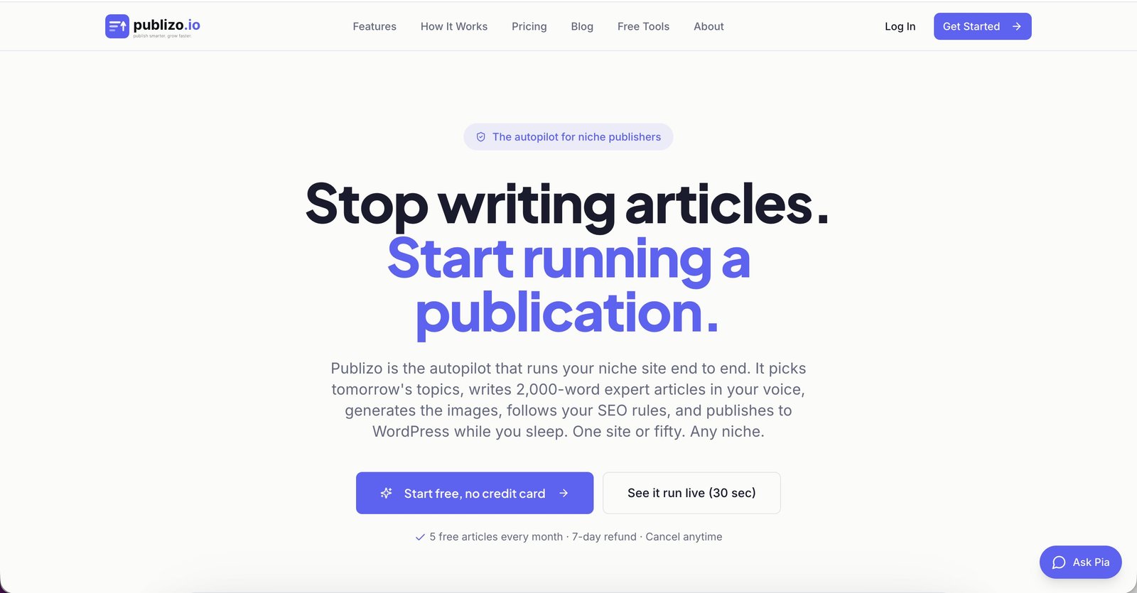 Publizo - AI Blog Publisher landing page